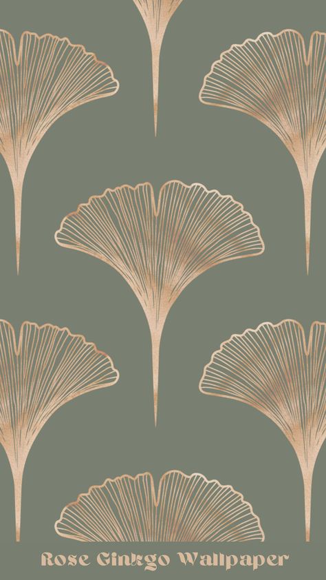 Cooler sage green plain solid background with faux rose gold Japanese ginkgo biloba leaf. Leaves arranged in half drop seamless pattern, perfect as classic, warm&cozy elegant wallpaper in art deco style with a boho touch. Neutral palette interior design. Trendy color home decor, curtains, bedding, tableware etc. Natural earth tones trend. Green Interior Aesthetic, Gold Rose Wallpaper, Ginkgo Wallpaper, Sage Green Interior, Living Room Sage, Boho Style Interior Design, Pebble Wallpaper, Timeless Wallpaper, Boho Style Interior