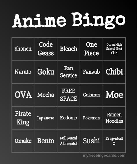 Anime Bingo Anime Club Activities, Manga Crafts, Anime Bingo, Anime Party Ideas, Anime Birthday Party, Free Printable Bingo Cards, Anime Diys, Free Bingo Cards, Anime Birthday