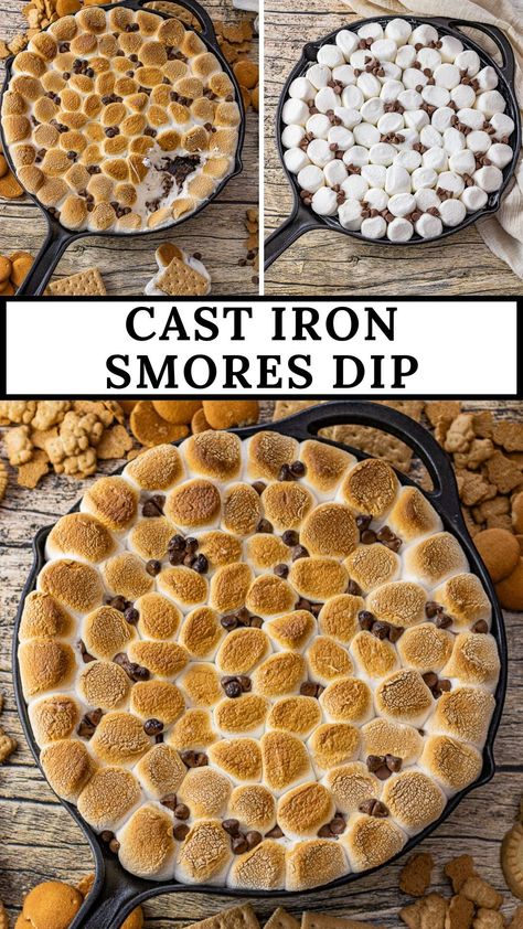 Melted milk chocolate topped with melty, crispy, browned marshmallows is the simplest dessert you will ever make. This dessert will leave you wanting for some more! | cast iron | smores skillet | smores dip | smores recipe | cast iron cooking | Cast Iron Smores, Savory Smores, Smores Skillet Dip, Skillet Smores, S’more Dip Oven, Easy Cast Iron Recipes, S’mores Skillet, S’mores Dip Cast Iron, S’mores In Cast Iron Skillet