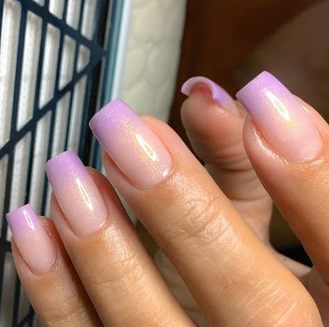 Lavender Acrylic Nails French Tip, Purple Ombre French Tip Nails, Purple Ombre Nails Square, Pastel Purple French Tip Nails, Lavender And Pink Nails, Nails For Cheer, Purple Fade Nails, Purple French Nails, Vanilla Nails