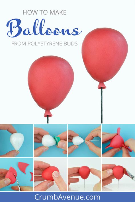 How to make a fondant balloon, cake decorating, sugar craft, polystyrene buds, styrofoam, cake decorations, balloons, birthday, gum paste, modelling paste, Crumb Avenue, free tutorial, pictorial, step by step Making Fondant Decorations, Beginner Fondant Decorations, How To Make Fondant Balloons, Fondant Balloons Tutorial, Fondant Figures Tutorial Step By Step, Fondant Balloons, Fondant Hot Air Balloon Tutorial, Easy Fondant Decorations, Fondant Birthday Cakes