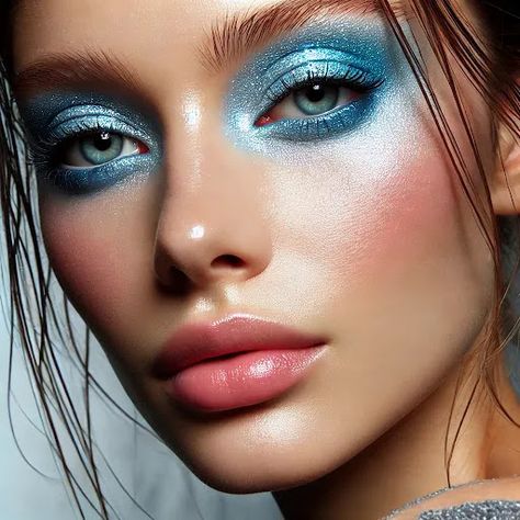 Frosted Blue Eyeshadow Blue Frosty Makeup, Frosted Makeup, Frost Makeup, Icy Makeup, Blurred Lips, Trends 2025, 90s Makeup, Color Catalog, Winter Makeup