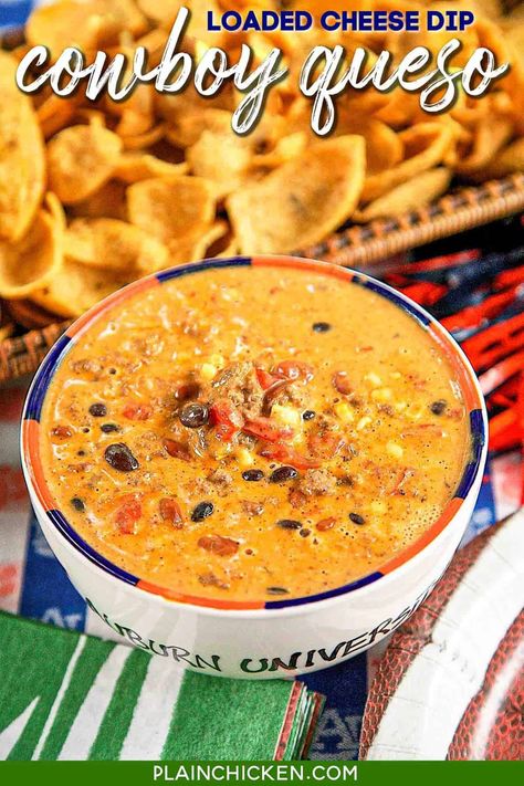 Cowboy Queso Recipe - queso cheese dip loaded with meat, beans, Rotel tomatoes, and corn. Can make in the microwave, slow cooker, or on the stovetop. Great for tailgating!! I love this dip! I could honestly make a meal out of this loaded cheese dip! Leftovers are great over a baked potato, nachos, or some egg noodles. #dip #gameday #tailgating #partyfood #cheese #cheesedip #queso Cowboy Queso, Football Friday, Nachos Cheese Dip, Queso Recipe, Plain Chicken, Queso Cheese, Tailgating Recipes, Queso Dip, Tailgate Food