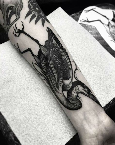 tattoo White Bird Tattoos, Heron Tattoo, Bird Tattoo Men, Crane Tattoo, Vogel Tattoo, Serpent Tattoo, Inner Forearm, Tattoo Designs For Men, Grey Tattoo