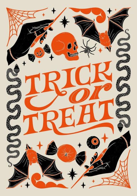 Trick or treat - lettering phrase. Hand drawn vintage poster with decorative spooky elements. Halloween Lettering, Goodbye And Good Luck, Alice In Wonderland Flowers, Wood Halloween, Writing Posters, Wooden Door Sign, Summer Fairy, Halloween Flyer, Wood Card