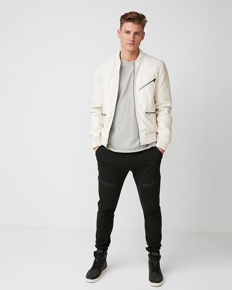 White Leather Jacket Men, White Leather Jacket Outfit Men, White Leather Jacket Outfit Winter, White Jacket Outfit Men, White Leather Jacket Outfit, Leather Jacket Outfit Winter, White Jacket Outfit, White Outerwear, Biker Jacket Outfit