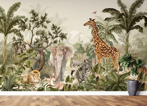 Jungle Wall Mural, Off White Wallpapers, Wildlife Wallpaper, Jungle Mural, Safari Wallpaper, Jungle Wall, Navy Wallpaper, Jungle Wallpaper, Mural Design