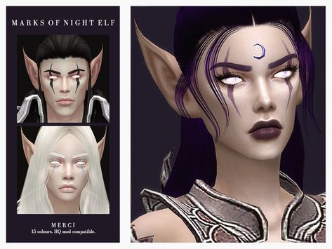 -Merci-'s Marks Of Night Elf Elven Makeup, Elf Tattoo, Elf Eyebrow, Goth Glamour, Elf Hair, Elf Products, Sims 4 Tattoos, Sims Gameplay, Blood Elf