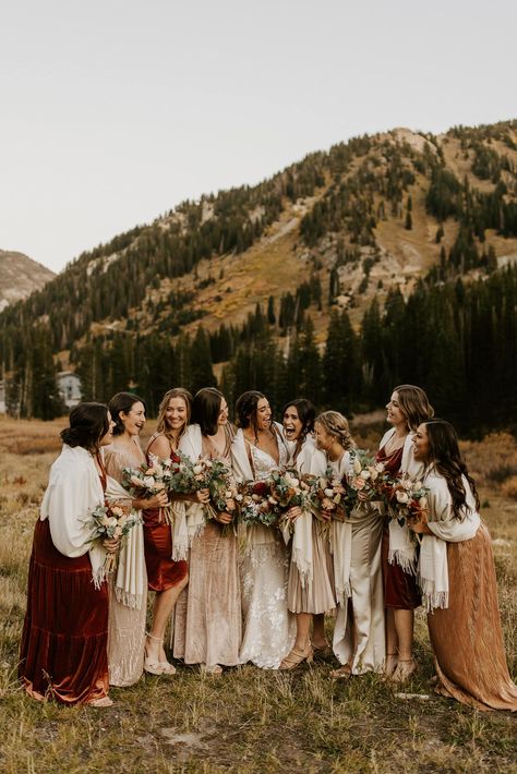 Winter Wedding Mix And Match Bridesmaids, Outdoor Wedding Bridesmaid Dresses, Mismatched Bridesmaid Dresses Fall, Peruvian Wedding, Mismatched Bridesmaids Dresses, Christmas Bridesmaids, Mismatched Dresses, Ski Wedding, Fall Bridesmaids