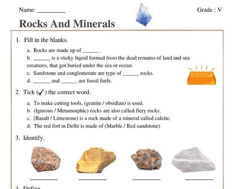 Rocks And Minerals class 5 worksheet | CBSE Class 5 science Minerals Worksheet, Image Rock, Rock And Minerals, Rock Types, Earth Surface, Sedimentary Rocks, Metamorphic Rocks, Rocks And Minerals, Science