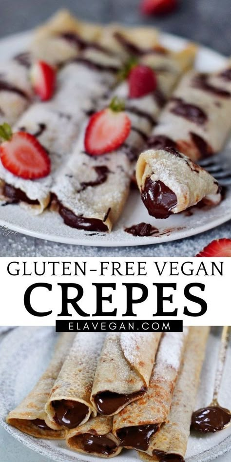 Gluten Free Crepes Recipe, Vegan Crepes Recipe, Ella Vegan, Egg Free Breakfast, Vegan Crepes, Gluten Free Crepes, Easy Crepe Recipe, Coconut Dessert, Dairy Free Breakfasts