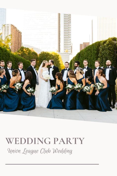 All Navy Bridal Party, Navy Blue Silk Bridesmaid Dresses, Dark Navy And Black Wedding, Navy Bridesmaid Dresses With Groomsmen, Navy Blue Bridesmaid Dresses With Groomsmen Gray Suits, Black And Blue Wedding Colors, Navy Satin Bridesmaid Dress, Wedding Party Color Ideas, Navy Blue Bridesmaid Dress