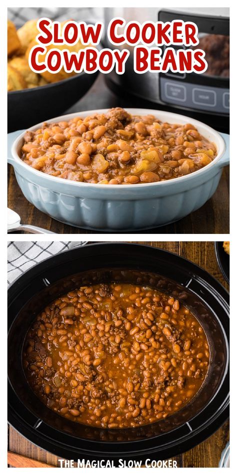 Brown Beans Recipe Crock Pot, Campfire Beans Recipe, Cowboy Baked Beans Crockpot, Chili Recipe With Baked Beans, Cowboy Beans With Hamburger, Cowboy Beans With Hamburger Crock Pot, 3 Meat Cowboy Beans, Baked Bean Chili Recipe, Slow Cooker Baked Beans With Ground Beef