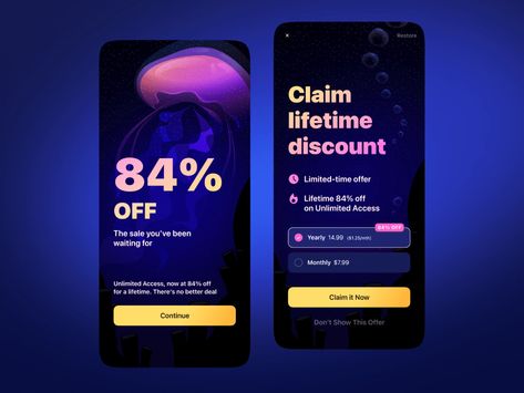 Paywall with Jellyfish for Prisma App by Darya Bugrovskaya for Prisma Labs on Dribbble Pop Up App, Music Player App, Webpage Layout, Social App Design, Mobile App Inspiration, Ui Ux App, Card Ui, Mobile Interface, App Design Inspiration