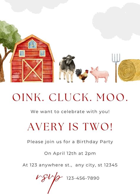 Farm Watercolor, Second Birthday Boys, 2nd Birthday Party For Boys, Barnyard Birthday Party, Farm Birthday Invitation, Farm Theme Birthday, 2nd Birthday Boys, Farm Animals Birthday Party, Farm Themed Birthday Party