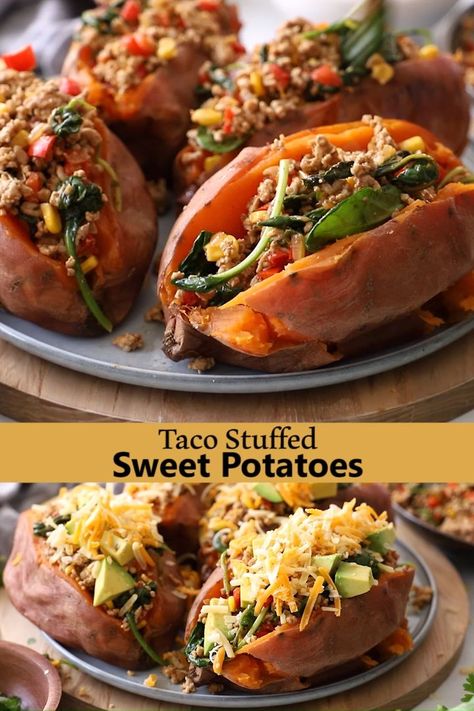 Ground Turkey And Sweet Potato Recipe, Taco Stuffed Sweet Potato, Taco Sweet Potato, Sweet Potato Dinner, Homemade Taco Seasoning Mix, Taco Seasoning Mix, Stuffed Sweet Potatoes, Potato Dinner, Homemade Taco Seasoning