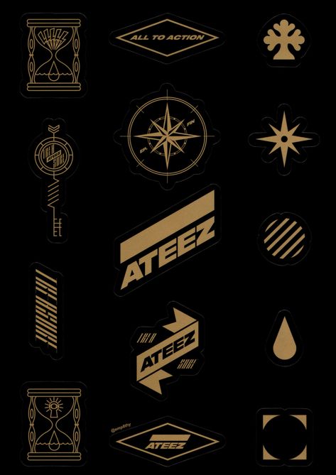 Ateez Tattoo Ideas, Ateez Stickers, Kpop Tattoos, Sand Clock, Compass Logo, Sans Cute, More Wallpaper, Printable Stickers, Kpop Wallpaper