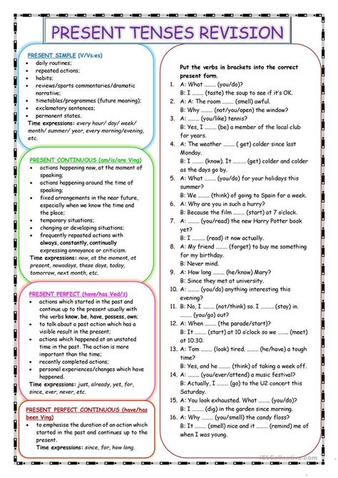 PRESENT TENSES REVISION - English ESL Worksheets for distance learning and physical classrooms English Tenses Worksheets, Present Tenses Exercises, All Tenses Worksheet, Tenses English Grammar Worksheets, Verb Tenses Worksheet, Present Tense Worksheets, Revision English, Tenses Worksheet, Simple Present Tense Worksheets