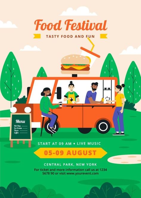 Hand-drawn Fun Food Truck Festival Flyer Food Festival Poster Design Ideas, Can Food Drive Poster Ideas Flyers, Food Truck Flyer, Food Drive Poster, Food Festival Social Media Design, Food Truck Festival Poster, Food Festival Poster, Menu Maker, Street Food Design