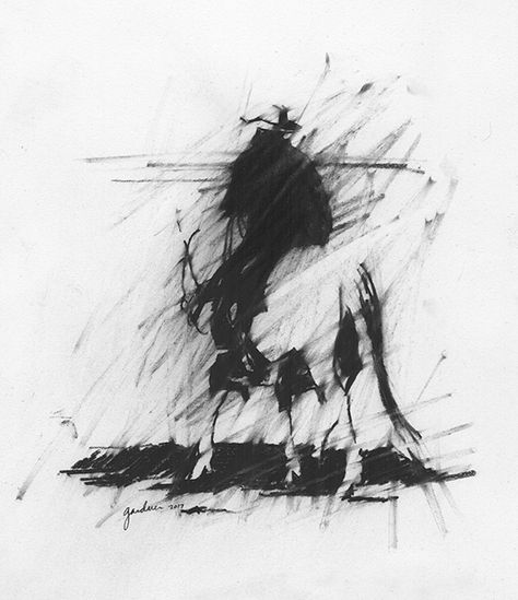 Cowboy Sketch, charcoal by Terry Gardner (study for Cowboy Horizon) Charcoal Cowboy Drawing, Abstract Western Paintings, Abstract Cowboy Painting, Abstract Western Art, Cowboy Sketch, Sketchbook Exercises, Gothic Cowboy, Cowboy Draw, Cowboy Vibes