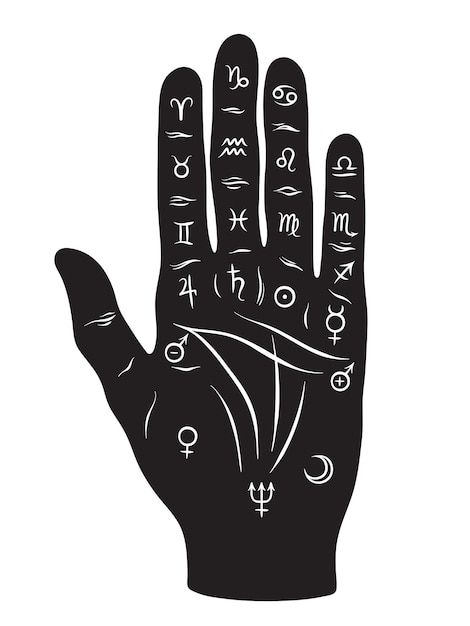 Vector palmistry or chiromancy hand with... | Premium Vector #Freepik #vector #witchcraft #alchemy #tarot #finger-heart Human Rib Cage, Zodiac Circle, Palmistry Hand, Moon Vector, Wolf Silhouette, Pagan Symbols, Tattoo Reference, Beautiful Witch, Occult Symbols