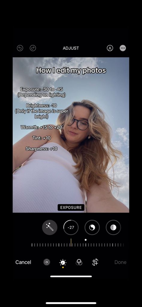 How to edit your photos to make them look clearer, crisp and more aesthetic Exposure: -30 to -45 depending on the lighting in the photo Brightness: -10 only if the photo is too bright Warmth: +15 to +20 depending on lighting and original warmth of the image Tint: +10 standard to make all images look cohesive Sharpness: +10 to make the image clearer but not too sharp/crisp Aesthetic photo filters, white minimal, summer photo aesthetic edits, iphone photo presents, easy photo editing Clear Photo Editing Iphone, Brightening Photo Edit Iphone, Clean Photo Edit, Brighten Photos Iphone Edit, How To Edit Bright Photos, Clean Photo Editing, Iphone Photo Editor, Ios Photos, How To Make Photo