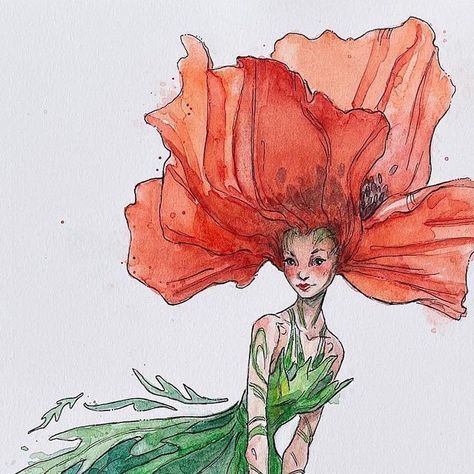 Flower Fairy Art, Poppy Fairy, Fairy Sketch, Fashion Illustration Collage, Fairy Drawings, Orange Painting, Fairy Illustration, Fantasy Drawings, Art Painting Gallery