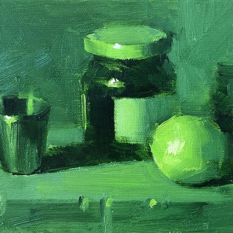 Qiang Huang on Instagram: “I did another monochromatic still life study. Today's color is green. The colors I have used for this one is sap green, cadmium green pale…” Green Monochromatic Painting, Monochromatic Still Life, Monochrome Still Life, Natural Form Artists, Green Still Life, Arts References, Green Study, Monochromatic Watercolor, Cezanne Still Life