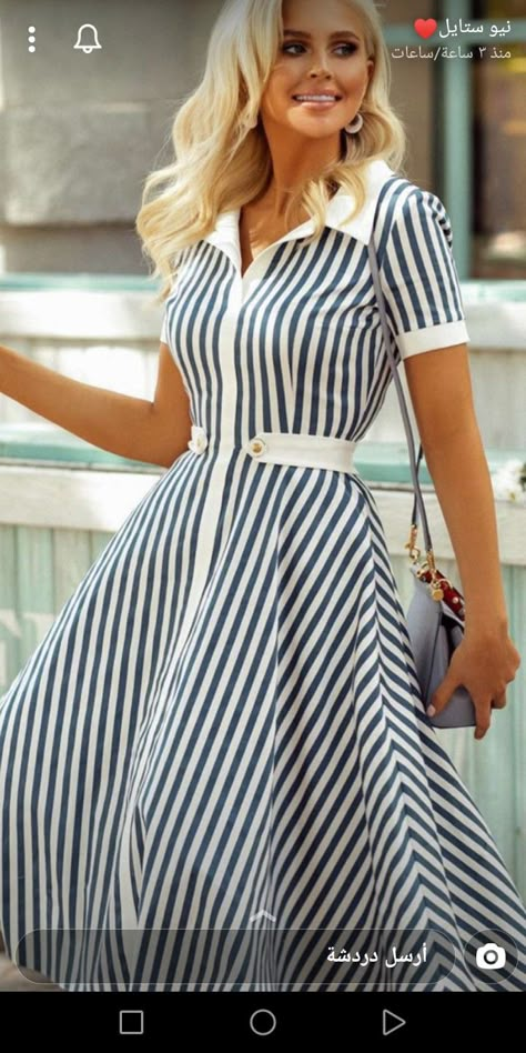 Casual Gowns, Navy Shirt Dress, Stripped Dress, Classy Dress Outfits, Stylish Work Outfits, Fashion Hacks Clothes, Casual Chic Outfit, Indian Fashion Dresses, Mode Fashion