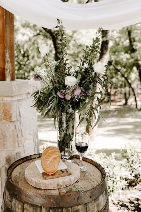 Boho Christian Wedding, Communion Wedding Ceremony, Christian Wedding Ideas Ceremony Decor, Outdoor Christian Wedding Decor, Communion At Wedding, Biblical Wedding Ideas, Wedding Ceremony Decor Outdoor, Wedding Ceremony Christian, Wedding Ideas Bohemian