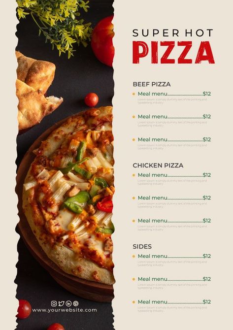 Pizzeria Menu Design, Pizza Menu Ideas, Pizza Menu Design Ideas, Food Social Media Post Design, Pizza Menu Design, Pizzeria Menu, Food Social Media Post, Design For Restaurant, Minimalist Kitchen Essentials