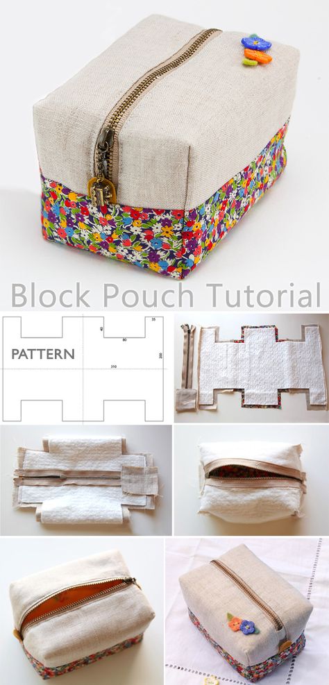 Block Zipper Pouch Tutorial Pochette Diy, Diy Sewing Tutorials, Sac Diy, Zipper Pouch Tutorial, Free Crochet Bag, Pouch Sewing, Folded Fabric Ornaments, Beginners Crochet, Crocheted Items