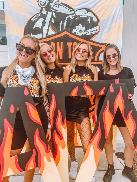 Rock N Roll Sorority Theme, Fire Sorority Theme, Biker Sorority Theme, Biker Theme Party Outfit, Fire Bid Day Theme, Harley Davidson Bid Day Theme, Biker Bid Day Theme, Biker Bid Day, Race Car Bid Day