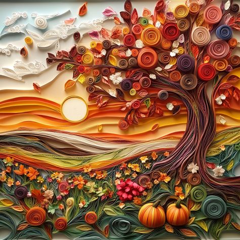 paper quilling, fall theme, fall colors, high detail, leaves, pumpkins, trees Fall Quilling Patterns, Quilled Pumpkin, Paper Quilling Fall Leaves, Paper Quilled Pumpkin, Autumn Quilling, Paper Filigree, Stain Glass Window Art, Quilling Work, Glass Window Art