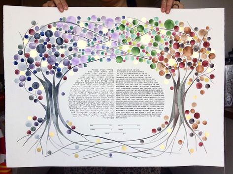 Elena Berlo on Instagram: “Young trees, ready for their life together... 🌱KETUBAH ARTWORK COMMISSION - The Four Seasons Tree of Life with Love Birds and gold leaf…”