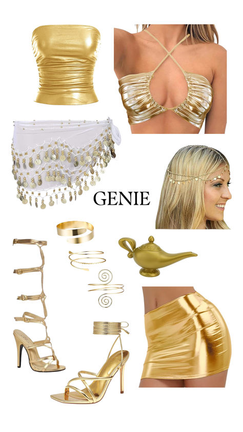 Genie-inspired costume featuring gold crop tops, metallic gold skirts, coin-embellished hip scarf, gladiator sandals, gold bracelets, headpiece, and magic lamp accessory for a magical look. Gold Skirt Halloween Costume, Arabian Night Costume, Genie Outfit Ideas, Arabian Costume Women, Genie In A Bottle Costume, Genie Costume For Women, Genie Cosplay, Arabian Nights Party Outfit Women, Genie Halloween Costumes