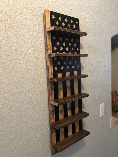 Reclaimed wood shot glass shelf Shot Glass Display Ideas, Shot Glass Display Diy, Diy Shot Glass Display, Pallet Shot Glass Display, Shelves For Beer Glasses, Shot Glass Shelf, Pallet Liquor Shelf, Shot Glass Display, Pallet Shelf For Bottles