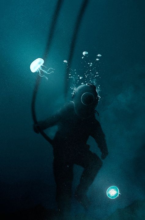 ArtStation - Deep dive, Javier Vivar Sea Myths, Deep Sea Diver Art, Underwater Drawing, Diver Art, Funny Situations, Deep Sea Diver, Radio Waves, Dark Sea Green, Sea Diving