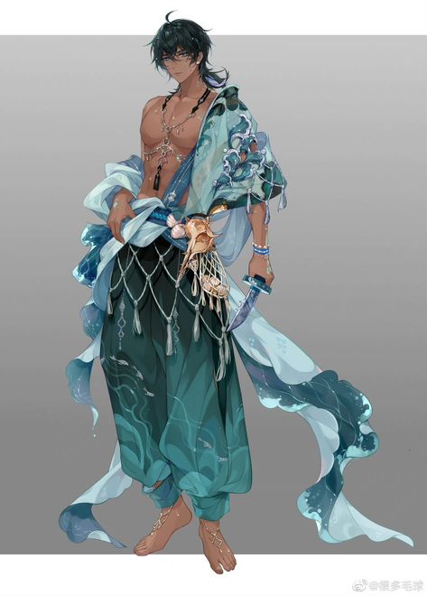 Male Harem Outfit, Atlantian Warrior, Greek God Outfits Design Male, Middle Eastern Character Design Male, Water Oc Male, Anime Egyptian Guy, Fish Inspired Fashion, Ocean Character Design, Egyptian Oc