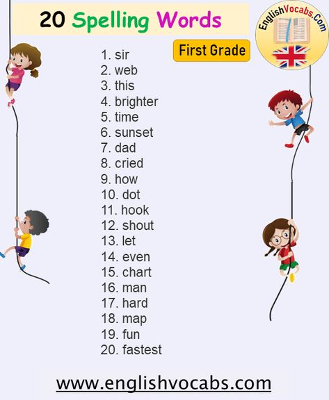 20 Spelling Words For First Grade, 1st Grade Spelling Words List - English Vocabs Spelling Bee Words For Grade 1, 1st Grade Spelling Words List, Short Vowel And Long Vowel, Words For First Grade, Spelling Bee Words, 1st Grade Spelling, Spelling Words List, Long Vowel Words, Words List