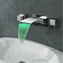 Widespread  Wall Mount 3 Colors LED Bathroom Sink Faucet Waterfall Dual Handles Mixer Tap(China (Mainland)) Bathroom Sink Faucets Waterfall, Bathroom Sink Faucets Chrome, Kitchen Faucet Design, Wall Mount Faucet Bathroom Sink, Luxury Bathroom Sinks, Modern Kitchen Faucet, Sinks Kitchen, Waterfall Wall, Bathroom Sink Taps