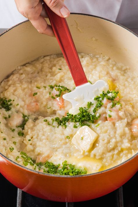 Dutch Oven Seafood Recipes, Risotto Recipes Shrimp, Sea Food Risotto Recipes, Oven Baked Prawn Risotto, Risotto Seafood, Asiago Shrimp Risotto, Americas Test Kitchen Shrimp Risotto, Dutch Oven Uses, Le Creuset Recipes