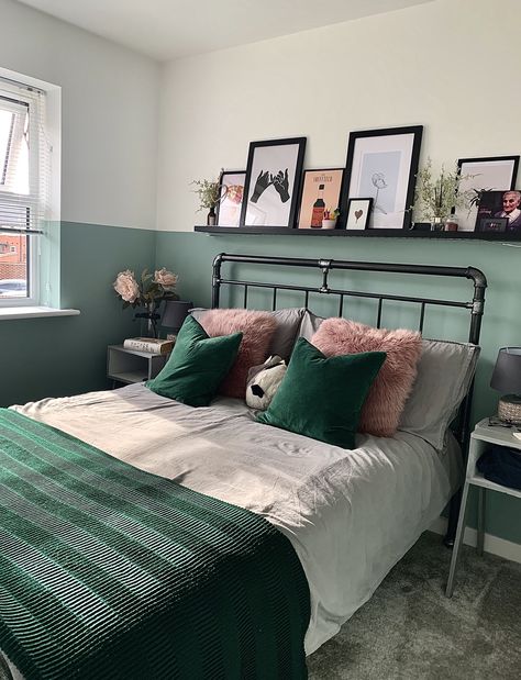 Green half wall feature. Paint from graham and brown. - Ferris wheel. Half Wall Paint, Wall Paint Ideas Bedroom, Half Painted Walls, Condo Decorating, Redecorate Bedroom, Bedroom Green, Bedroom Paint, Remodel Bedroom, Room Inspiration Bedroom