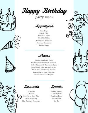 Menu For Sweet 16 Party, Birthday Party Menu Ideas, Graduation Menu, Party Menu Template, Baby Shower Food Menu, Birthday Dinner Menu, Birthday Party Menu, Free Printable Menu, Baby Shower Menu