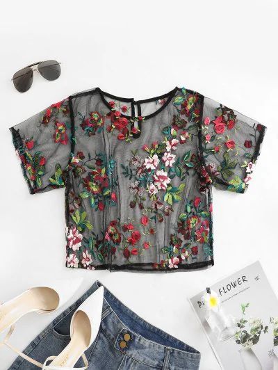 Floral Tee Outfit, Floral Top Outfit, Mesh Top Outfit, Embroidered Tee Shirt, Mesh Cover Up, Vintage Floral Top, Estilo Indie, Tees Pattern, Cosplay Tips