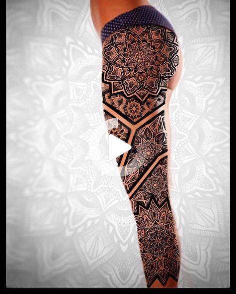 Woman’s Leg Sleeve Tattoos, Geometric Leg Tattoo Women, Leg Sleeve Mandala Tattoo, Sacred Geometry Leg Tattoo, Women's Tattoo Thigh, Geometric Leg Sleeve Women, Leg Mandala Tattoos Women, Geometric Thigh Tattoo Women, Mandala Leg Sleeve Women