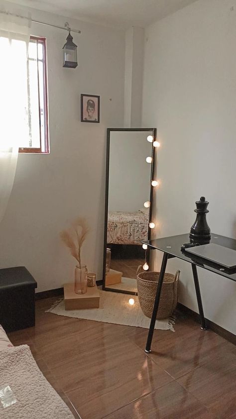 Mirror In A Corner, Room Corner Mirror Ideas, Mirror Corner Ideas Bedroom Aesthetic, Mirror Ideas For Small Bedroom, Small Corner Mirror Ideas, Aesthetic Mirrors For Bedroom, Corner Mirror Bedroom, Aesthetic Room Corner Ideas, Small Bedroom With Mirror