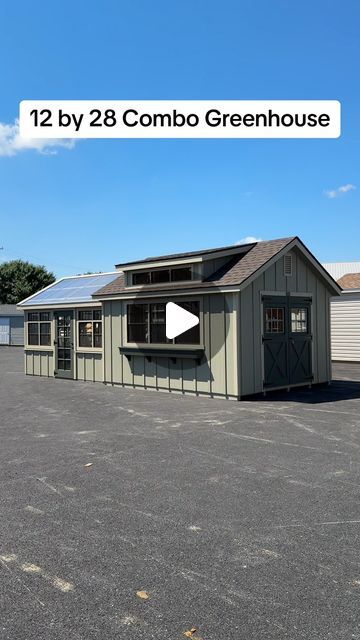 Lapp Structures LLC on Instagram: "Another gorgeous Greenhouse leaving the shop today! This time with Avacodo siding and Almond trim.  #greenhouse #sheshed #tinyhouse #gardening" Greenhouse Colors, Chicken Coop Garden Combo, Shed And Greenhouse Combo, Shed Greenhouse Combo, Greenhouse Storage, Greenhouse Attached To House, Orchard Ideas, Board Batten Siding, Greenhouse Shed Combo