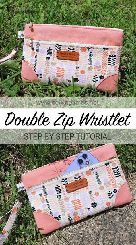 DIY Double Zip Wristlet 🎈Stylish Edges Clutch Bag Tutorial Diy Purse Strap Ideas, Wristlet Diy, Sew Clutch, Wristlet Ideas, Clutch Bag Tutorial, Diy Clutch Bag, Diy Pouch No Zipper, Wristlet Patterns, Wallet Sewing Pattern