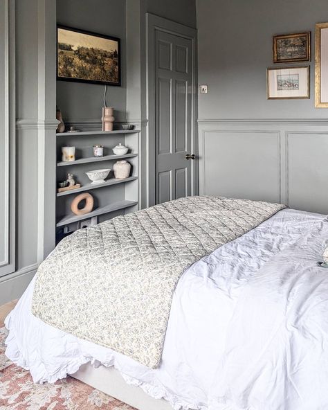 Over 1 year later and I'm still not really sure what or how to style on these shelves... Everything painted in Farrow and Ball Pigeon #interiordesign #interiorstyling #interiorinspiration #farrowandballpigeon #bedroominterior #bedroomdecor #bedroominspo #zoeoliviaev #leedsbloggers #victorianterrace #victorianhome Farrow And Ball Pigeon Bedroom, Pigeon Bedroom, Pigeon Farrow And Ball, Farrow Ball Pigeon, Farrow And Ball Pigeon, Farrow And Ball Bedroom, Florida Style, Farrow And Ball, Victorian Terrace